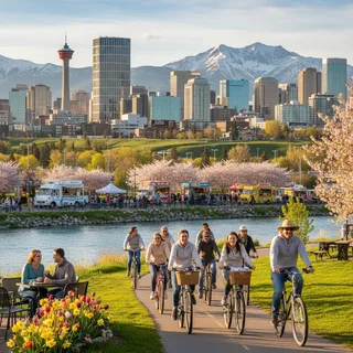 Calgary skyline with blooming flowers and trees in spring 2026.
