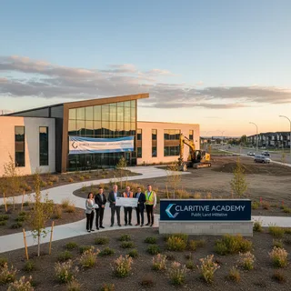Modernistic Alberta charter school building with landscaped grounds in Calgary region.
