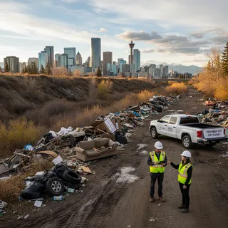 Calgary street corner with illegally dumped furniture, appliances, and trash bags under natural lighting.