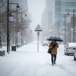 Calgary cityscape under heavy snowfall with dramatic, overcast skies and accumulating snow.