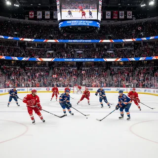 Calgary and Edmonton city skylines with flags representing the World Cup of Hockey