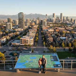 Photorealistic Calgary cityscape with diverse neighbourhoods, highlighting safety, schools, and amenities for 2026.