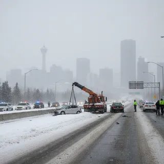 Calgary streets covered in heavy snow with multiple cars involved in accidents during a snowstorm.