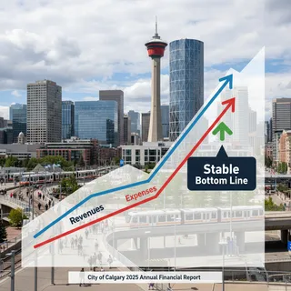 Calgary skyline with city hall in the foreground under natural light.