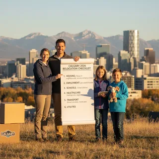 Calgary skyline with a checklist graphic overlay, signaling preparation for new residents in 2026.