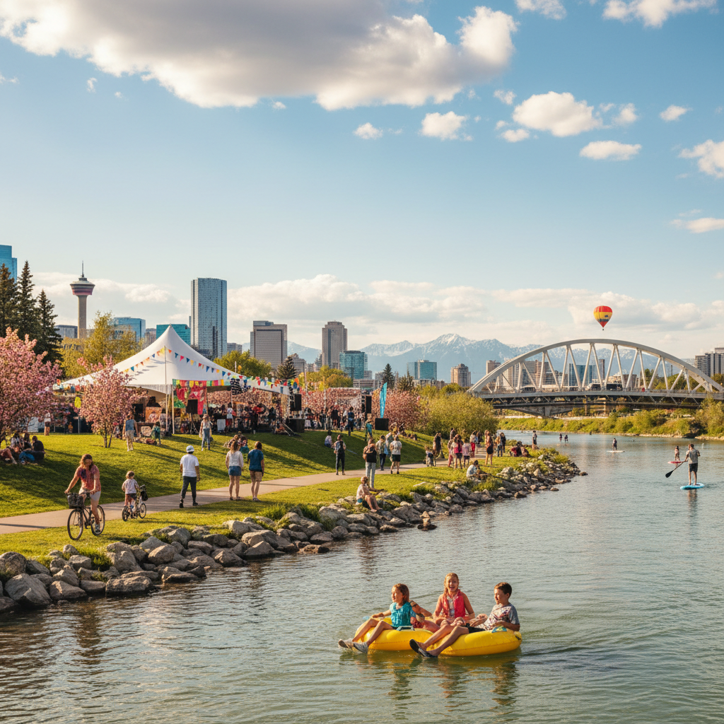 Photorealistic Calgary summer scene featuring outdoor activities like festivals and adventures in a realistic setting.