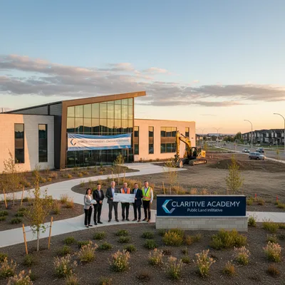 Modernistic Alberta charter school building with landscaped grounds in Calgary region.