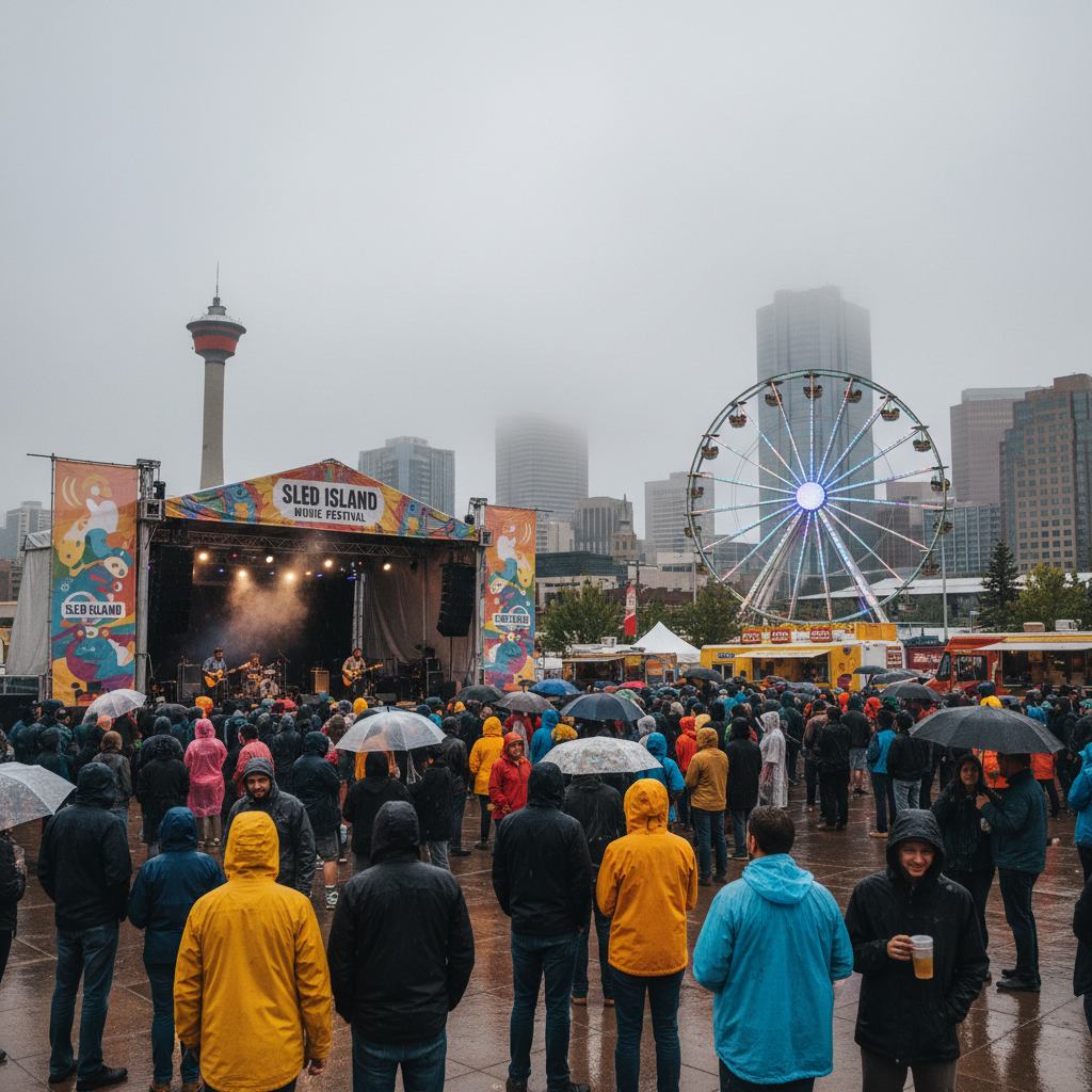 People enjoying a summer festival in Calgary with gloomy skies and a music stage in the background.
