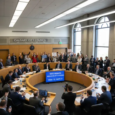 Calgary City Hall with council members visible through the windows during a daytime meeting.