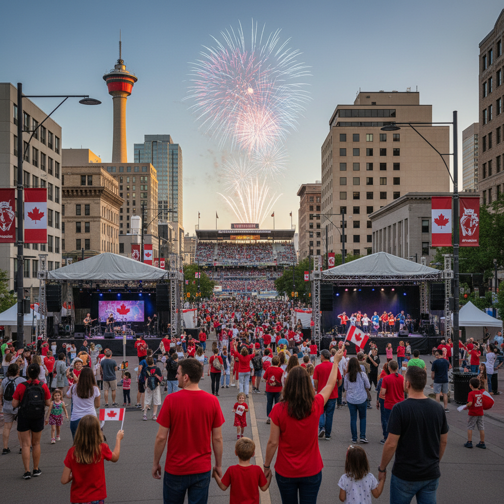 Calgary skyline at dusk with Canada Day fireworks exploding over Stampede Park