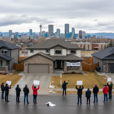 Wide establishing shot of Calgary cityscape, showcasing residential areas under a clear sky.