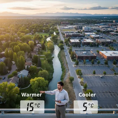 Calgary neighbourhood landscape with diverse green space and urban areas, illustrating a temperature difference.