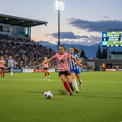 Calgary Wild FC players in red and white uniforms compete on a soccer field during a match.