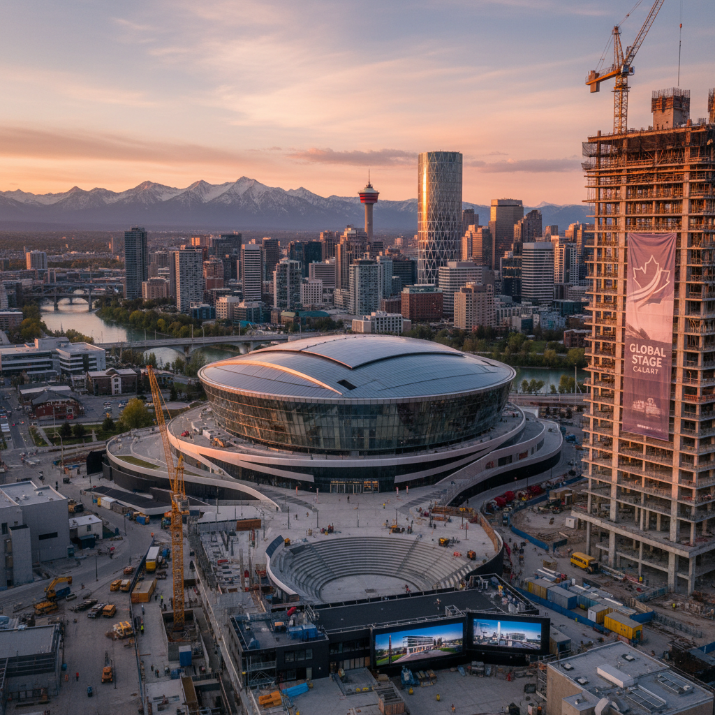 Calgary skyline with modern buildings and a spacious event venue, symbolizing attracting major events.