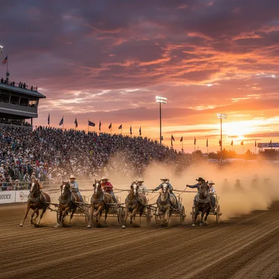A chuckwagon race in full swing at the annual Calgary Stampede, with the grandstand and Calgary skyline visible in the background.