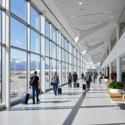 The bright and modern terminal interior of YYC Calgary International Airport, with travellers walking towards their gates.