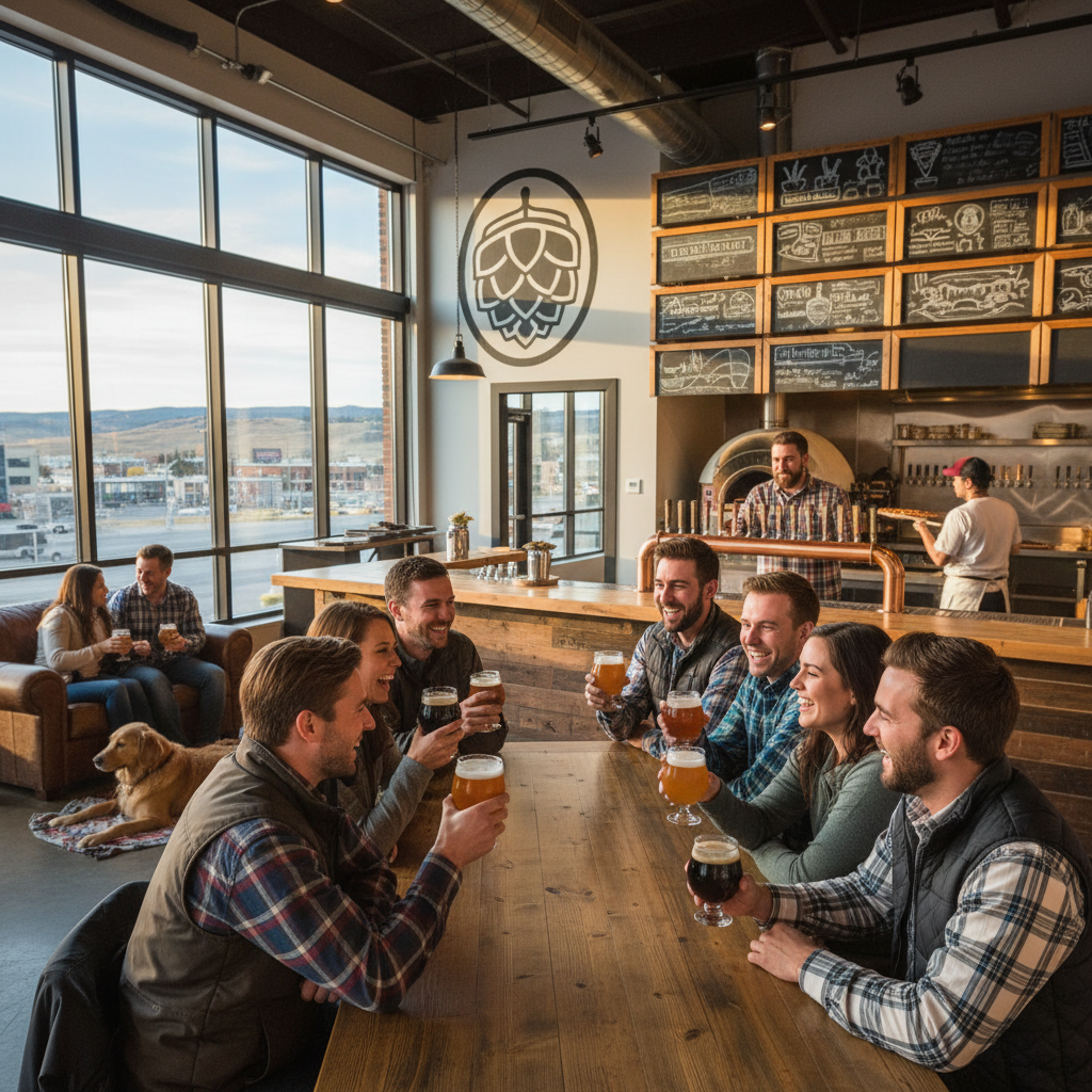 Calgary brewery interior with craft beer taps, natural light, and seating areas for patrons.