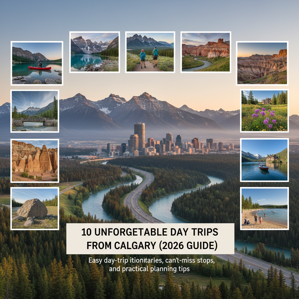 Scenic mountain range with a winding road, representing day trip adventures from Calgary.