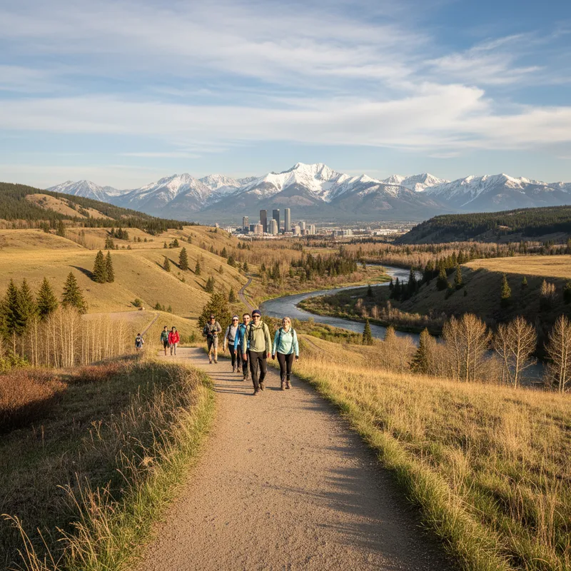 A scenic, low-elevation trail winds through a sunlit, green valley near Calgary.