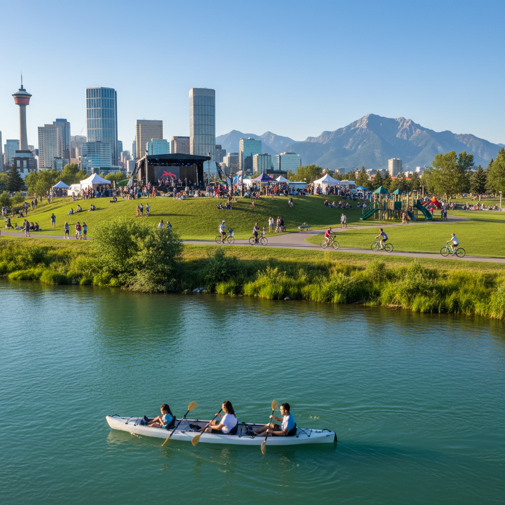 Calgary skyline with a bright, sunny sky, hinting at summer activities.