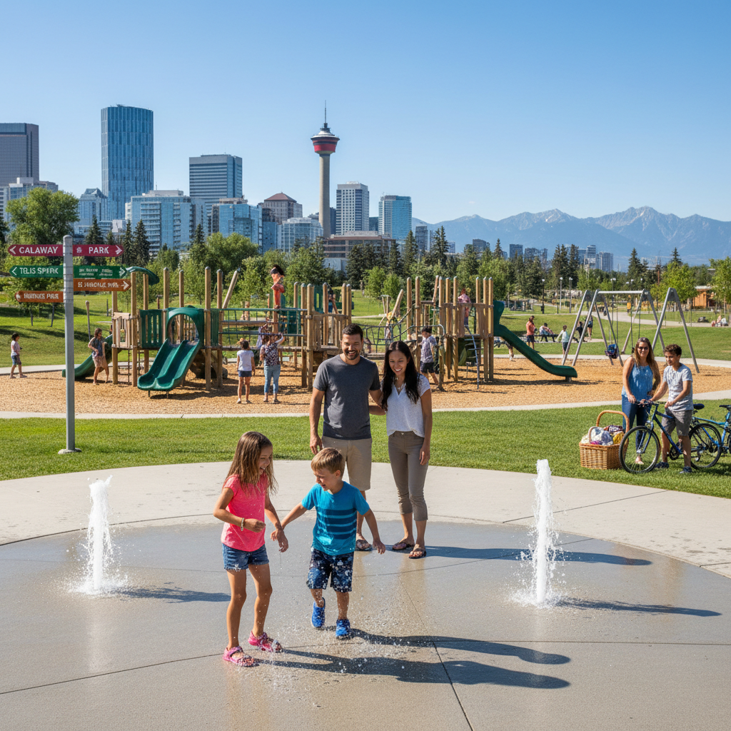 Calgary skyline with Prince's Island Park in the foreground, showcasing summer family activities.