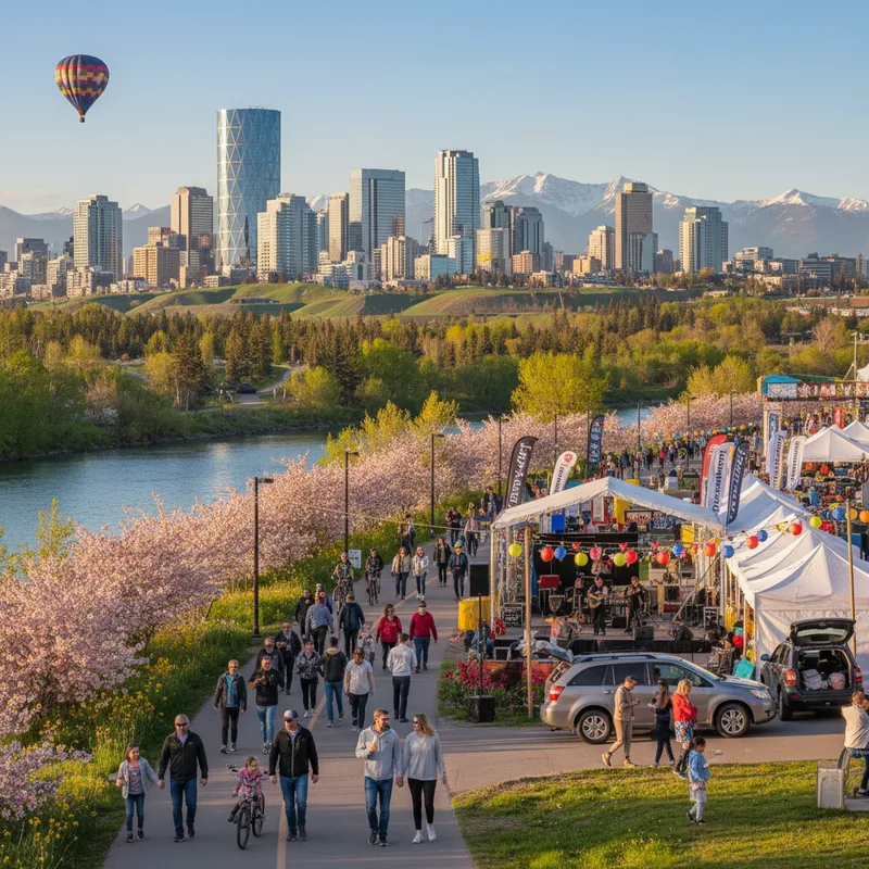 Calgary skyline in spring with blooming flowers and clear skies, showcasing outdoor activities.
