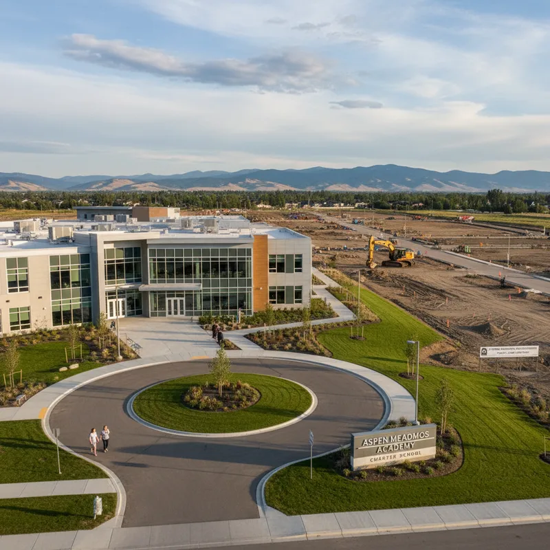 Modern building exterior with landscaped grounds, resembling a school in Calgary, Alberta.