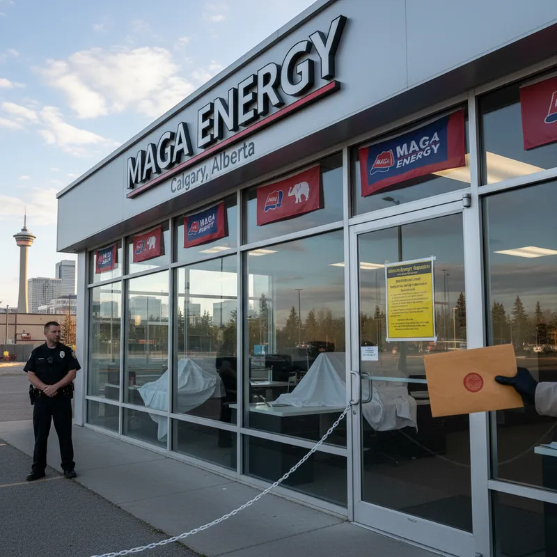 Modern office building exterior in Calgary, representing MAGA Energy's suspended operations.
