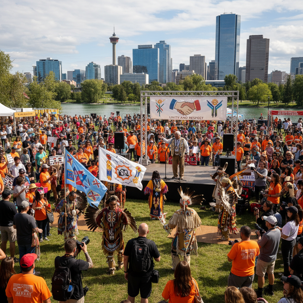 Indigenous Calgarians and allies gather in sunlight for National Indigenous Peoples Day celebrations.