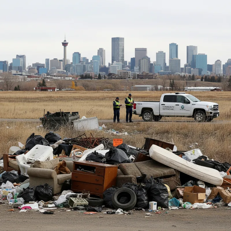 Calgary street corner with dumped furniture, construction debris, and garbage bags contrasted against a residential building.
