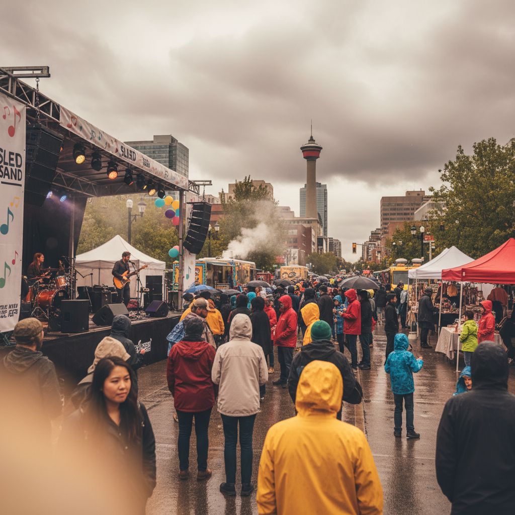 People enjoying outdoor festivals in Calgary with a cloudy sky, showcasing community events and music.