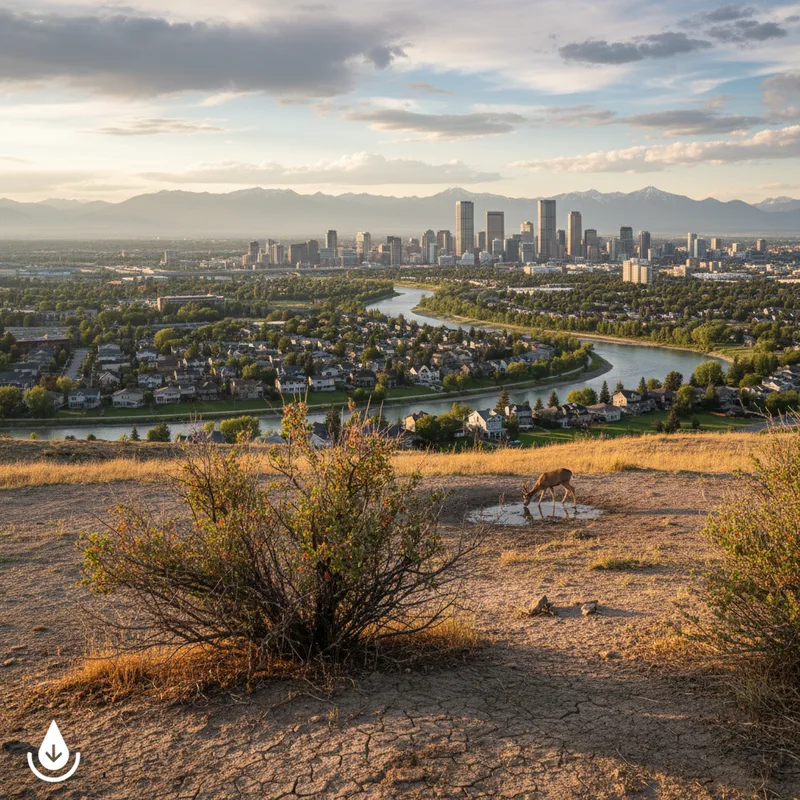 Calgary cityscape with a dry, cracked riverbed in the foreground under a clear sky.