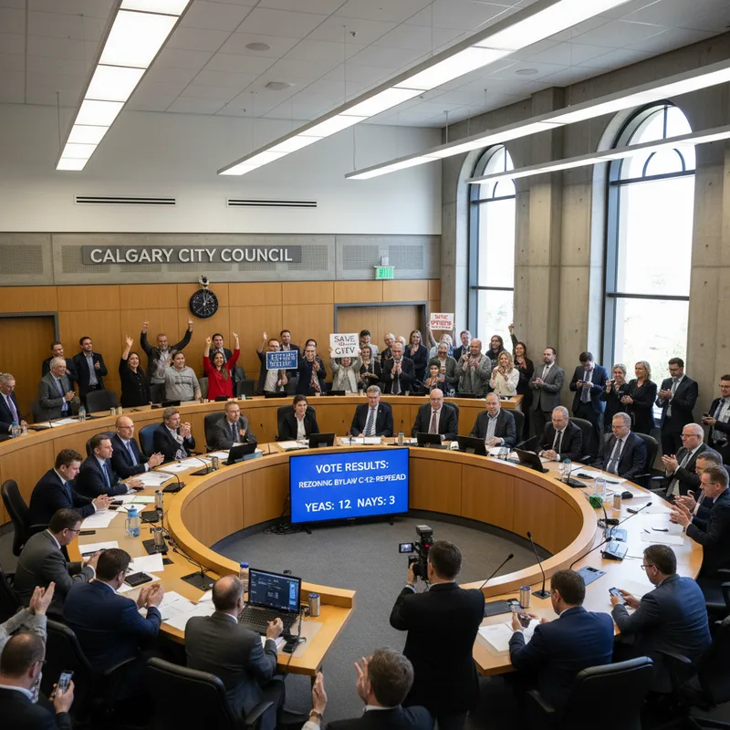 Calgary City Hall with council members visible through the windows during a daytime meeting.