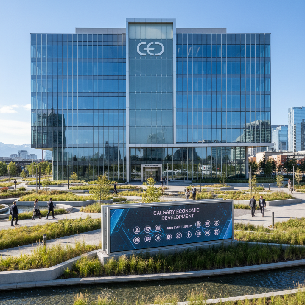 Modern Calgary building exterior with landscaped grounds, showcasing the city's 2026 event lineup.