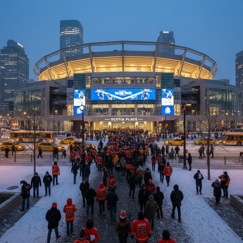Fans arriving at Scotia Place or Rogers Place on a cold winter evening for the 2028 World Cup of Hockey.