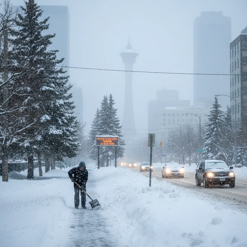 Calgary street covered in heavy snow during a snowfall warning with 15-30 cm expected.