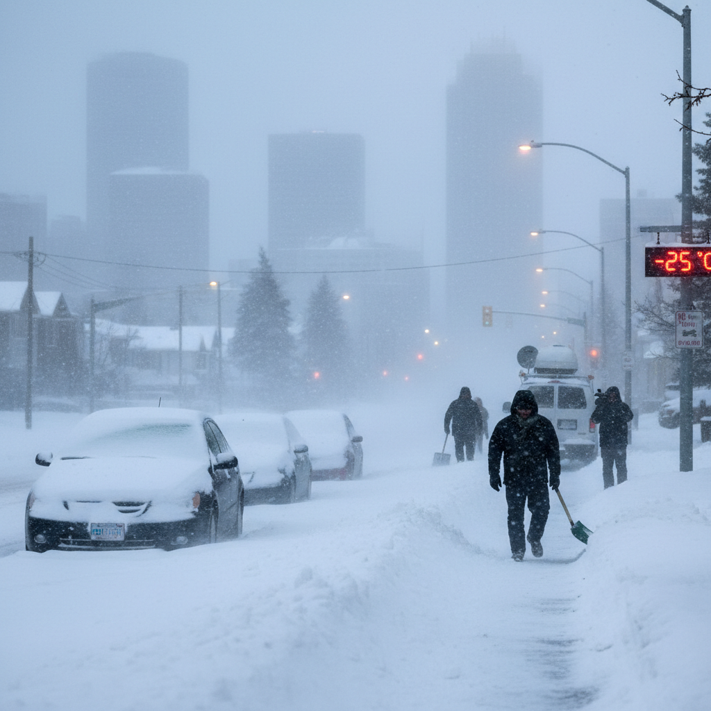 Calgary covered in heavy snow with strong winds and dramatic temperature drop.