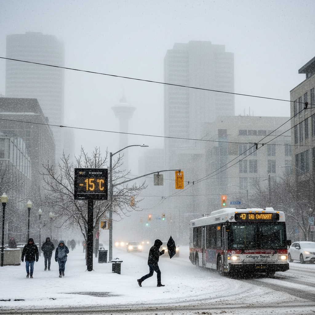 Calgary street covered in heavy snow with strong winds blowing, under a grey, cloudy sky.