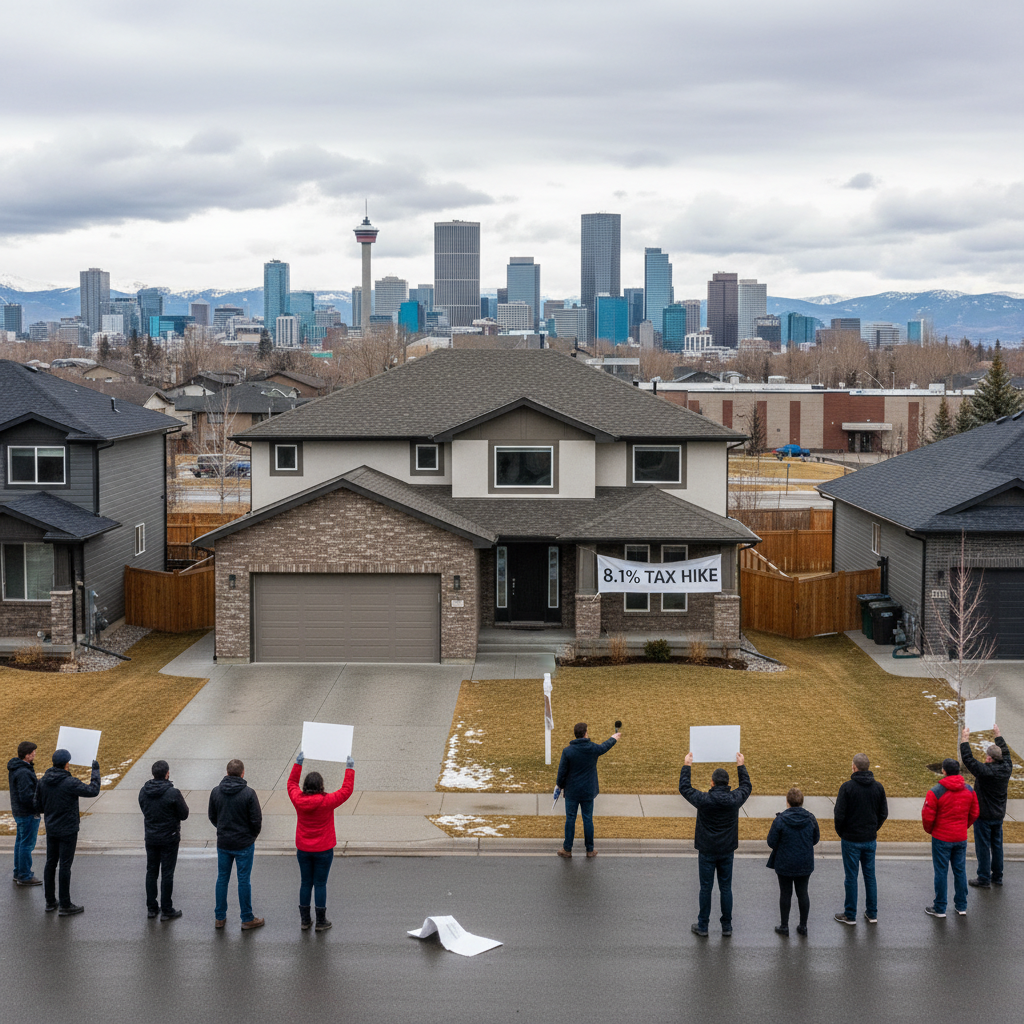 Wide establishing shot of Calgary cityscape, showcasing residential areas under a clear sky.