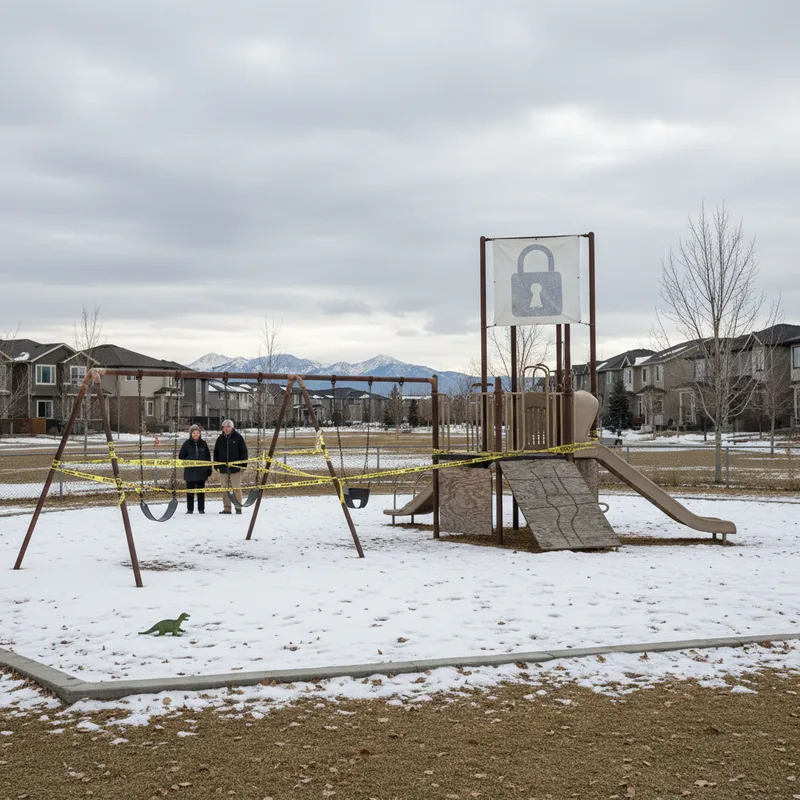 A photorealistic landscape of Calgary playgrounds with a warning of potential closure by 2036.