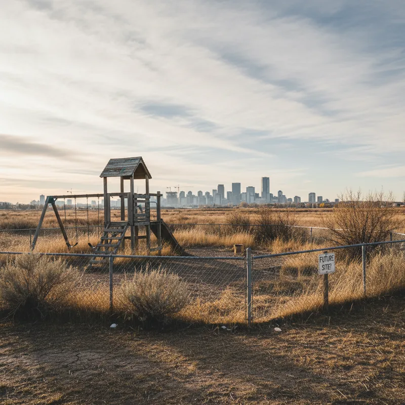 Deteriorating Calgary playground equipment under a grey sky, hinting at potential closures.