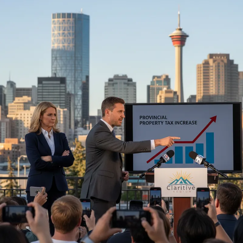 Calgary Mayor Jeromy Farkas speaking at a press conference, questioning a provincial tax increase.