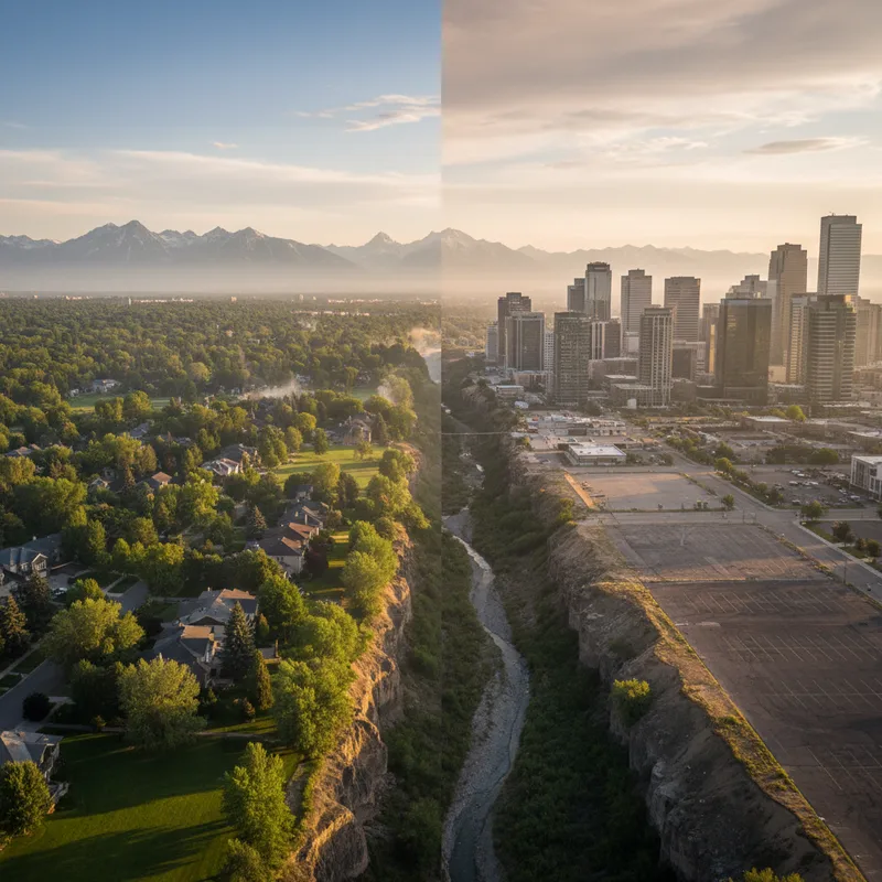 Calgary cityscape with contrasting green parkland and dense urban areas under a clear sky.