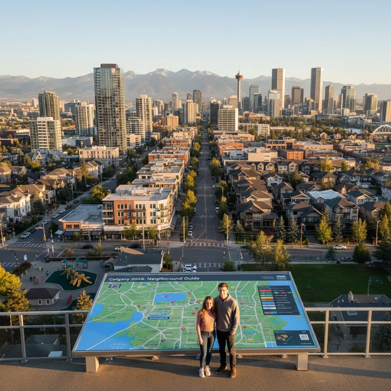 Photorealistic Calgary cityscape with diverse neighbourhoods, highlighting safety, schools, and amenities for 2026.