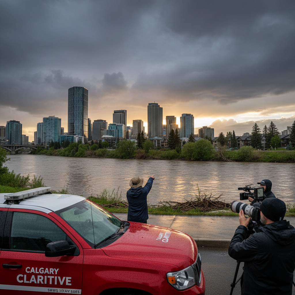 Calgary skyline with rain clouds overhead, under natural lighting.