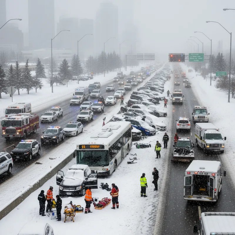 Calgary highway covered in snow with multiple car accidents visible on a cloudy day.