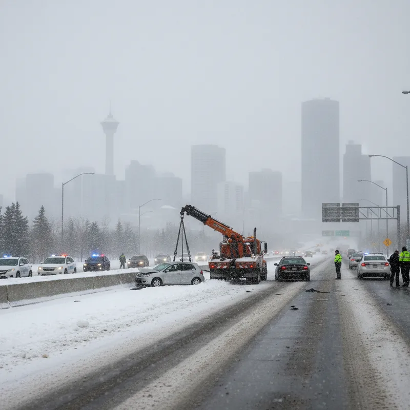 Calgary streets covered in heavy snow with multiple cars involved in accidents during a snowstorm.