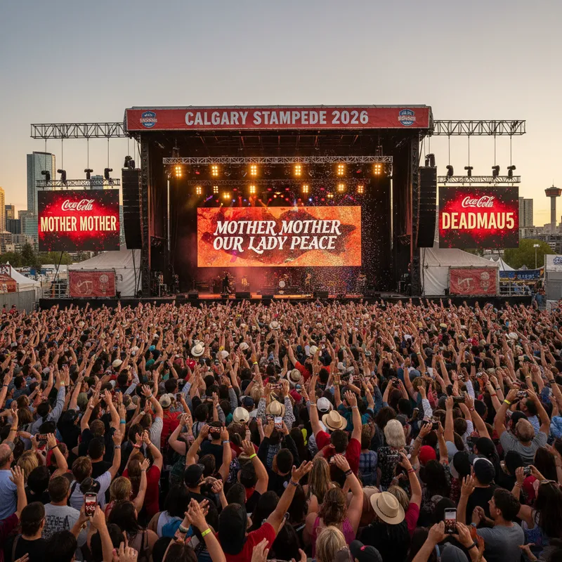 An energetic crowd enjoys a musical performance on a sunny day at the Calgary Stampede.