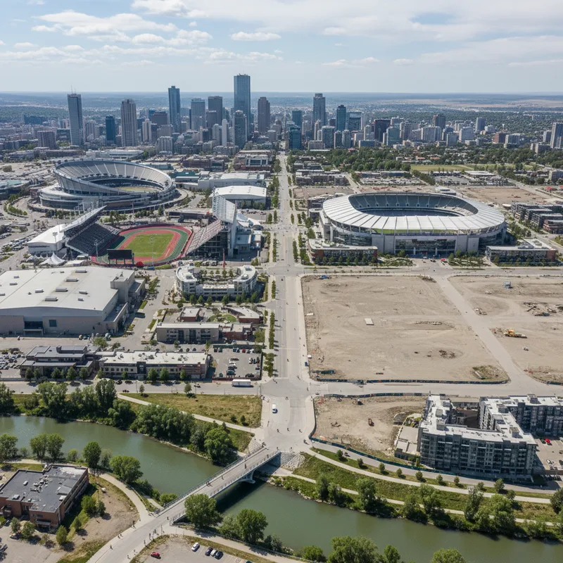 Stampede Park with existing structures and designated zones for upcoming redevelopment projects.