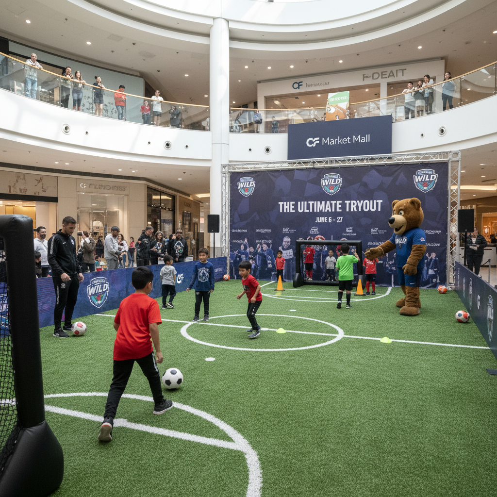 Calgary Wild FC players in action at a soccer event at Market Mall lapangan.